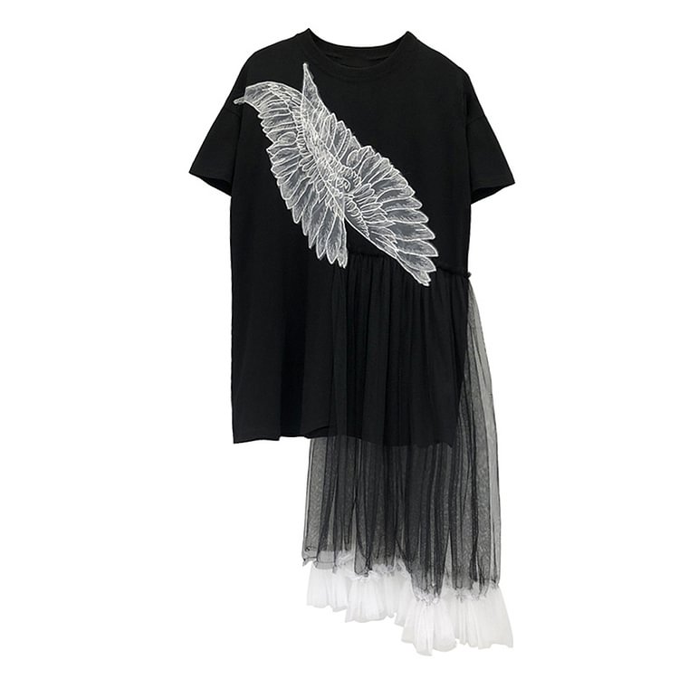 Lace Wings Tulle Stitching Loose T-Shirt Dress - Modakawa modakawa