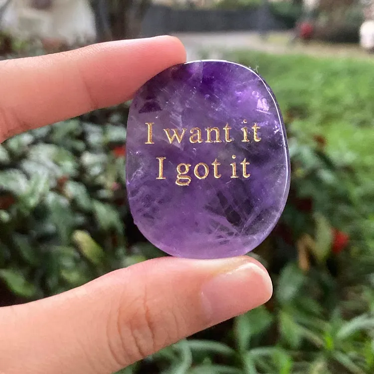 Engraved Amethyst Worry Stone - &ldquo;I want it I got it&rdquo;