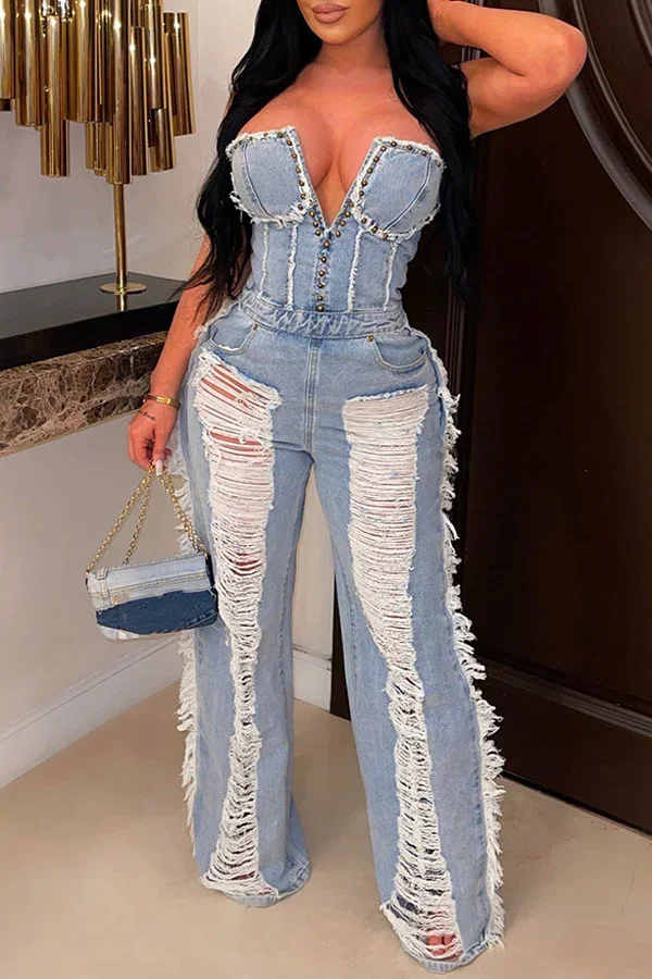 Guchioe Tassel Ripped Nail Drill Wash Denim Jumpsuit