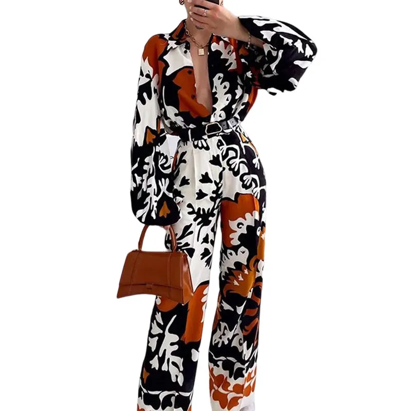 Brownm Brownm Spot 2024 Women's Fashion Print Long Sleeve Shirt Casual Pants Two Suits
