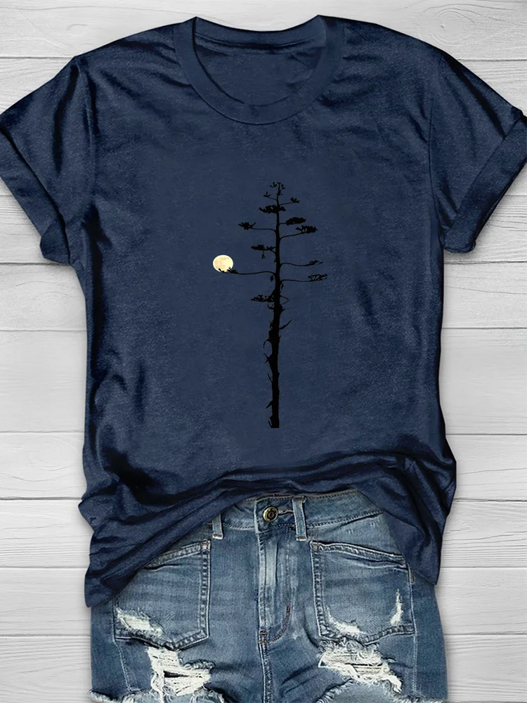 Eagerlys Tree And Moon Print Short Sleeve T-shirt Eagerlys