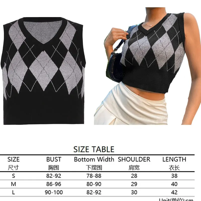 Argyle Sweater Vest Women  Black Sleeveless Plaid Knitted Crop Sweaters Casual Autumn Preppy Style 2020 tops V Neck Vintage