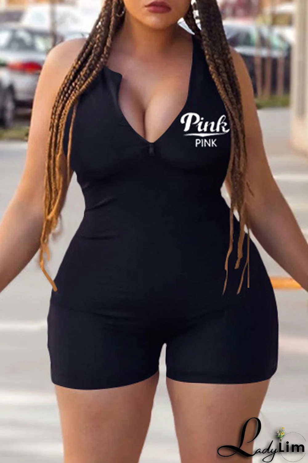 Blue Fashion Casual Letter Print Basic Zipper Collar Skinny Romper