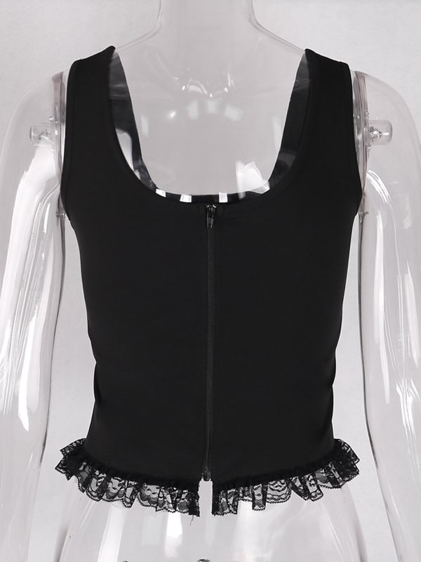 Dark Gothic Bandaged Solid Spaghetti Back Zipper Reversible Lace Tank Top