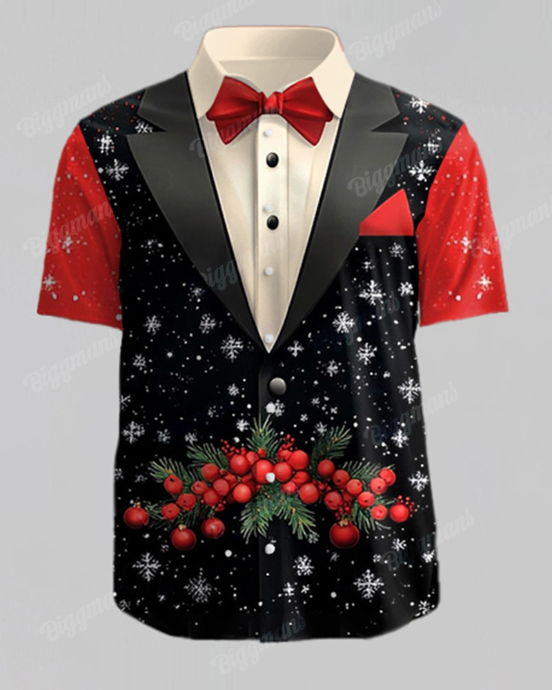 Big Men's Christmas Color Bow Suit Cosplay Printed Short Sleeve Shirt Shorts Set