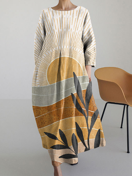 Sun Desert Botanical Art Bohemian Long Sleeve Dress