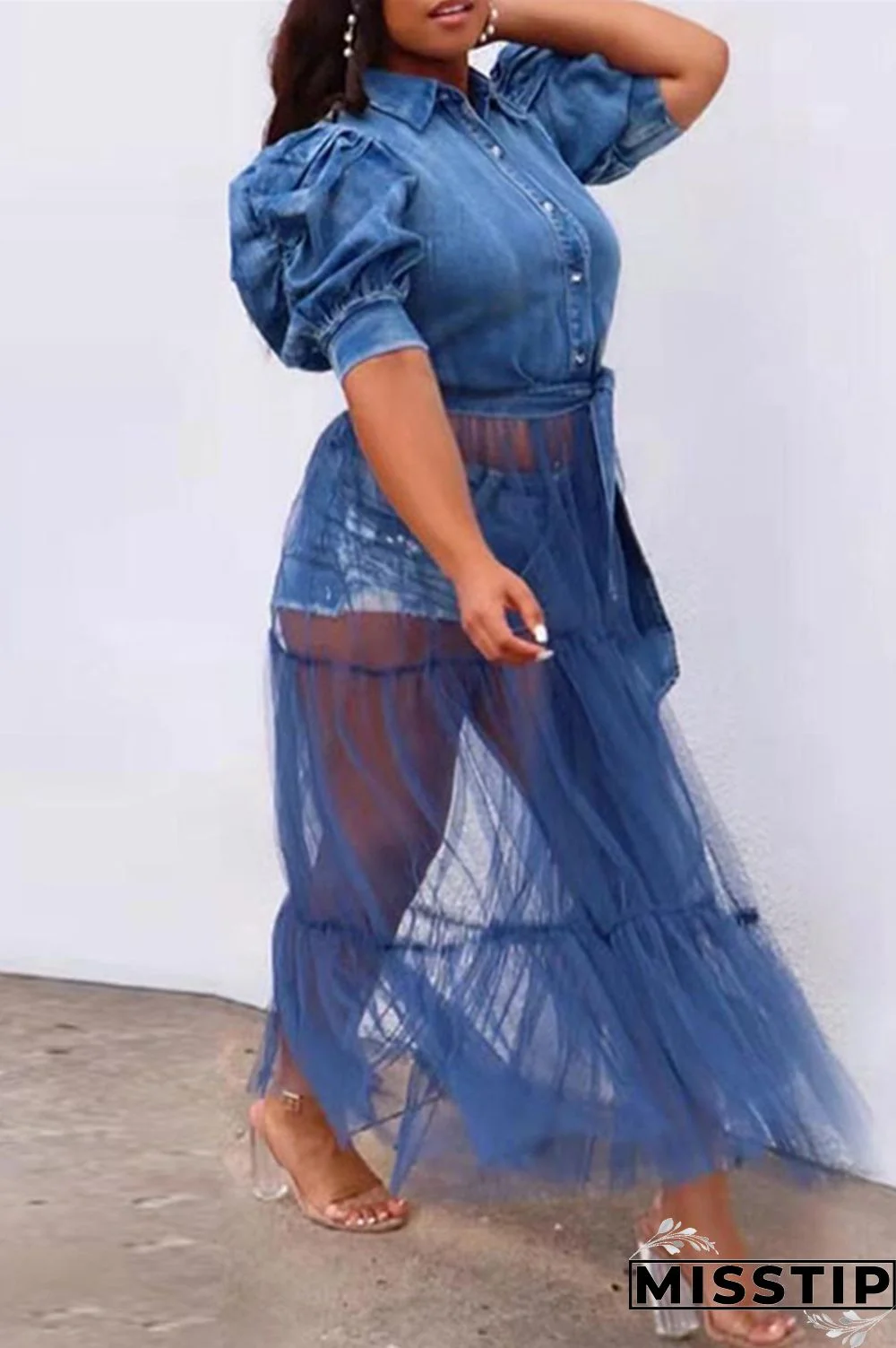 Deep Blue Fashion Casual Plus Size Patchwork Mesh Turndown Collar Short Sleeve Dress