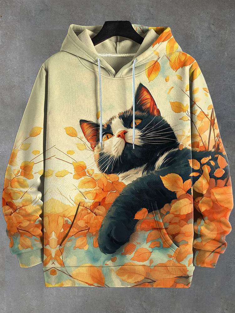 Men's Lazy Autumn Black Cat Falling Leaves Watercolor Art Print Hooded Sweatshirt
