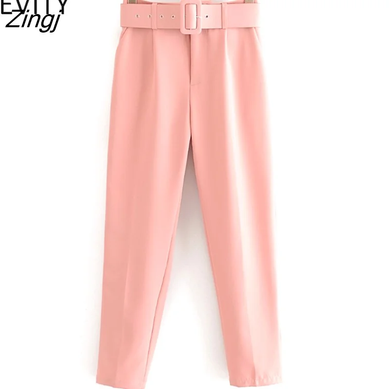 Zingj Sale New Women candy color pants red pink color chic sashes business Trousers female fake zipper pantalones mujer pants P953