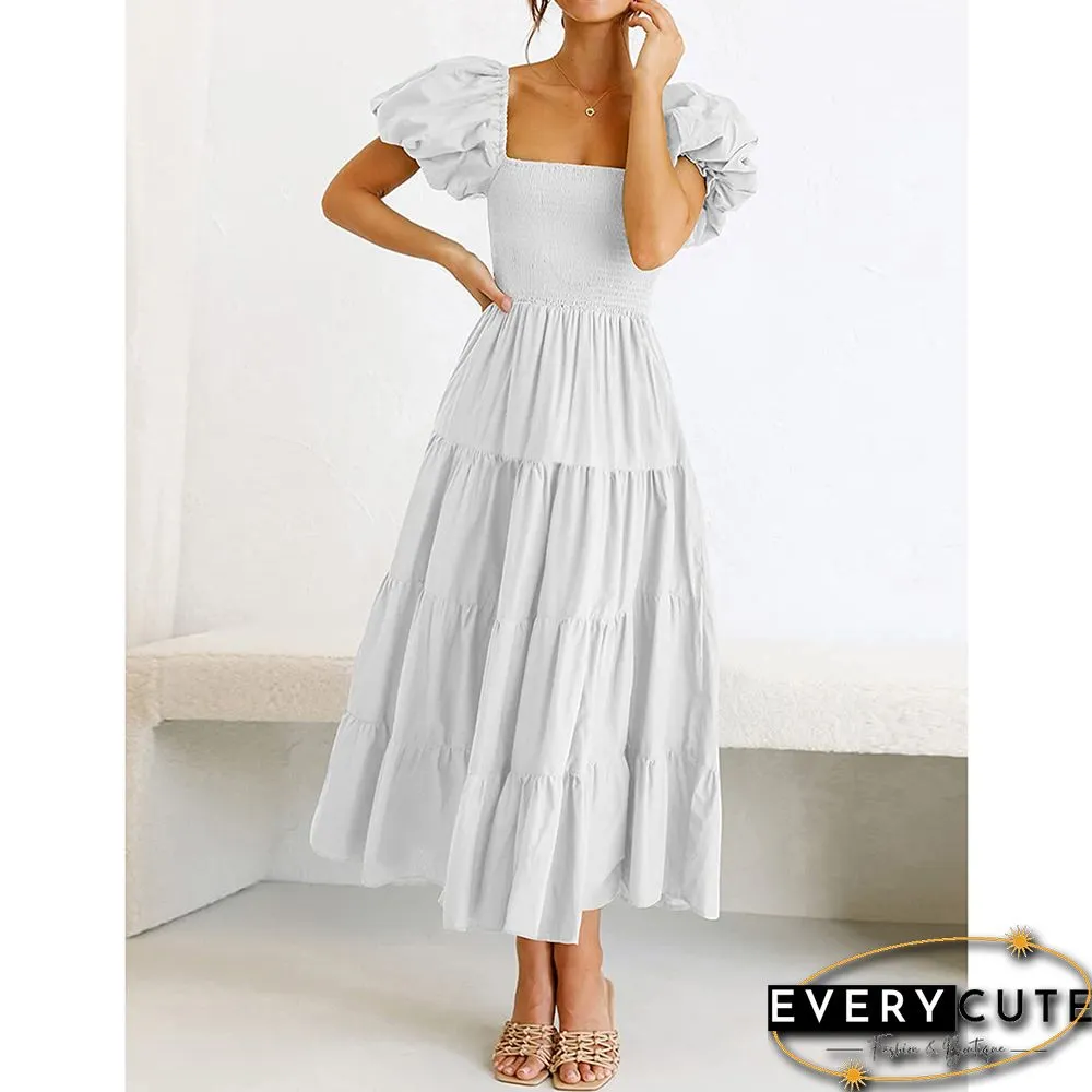 White Square Neck Puff Sleeve Pleated Casual Dress