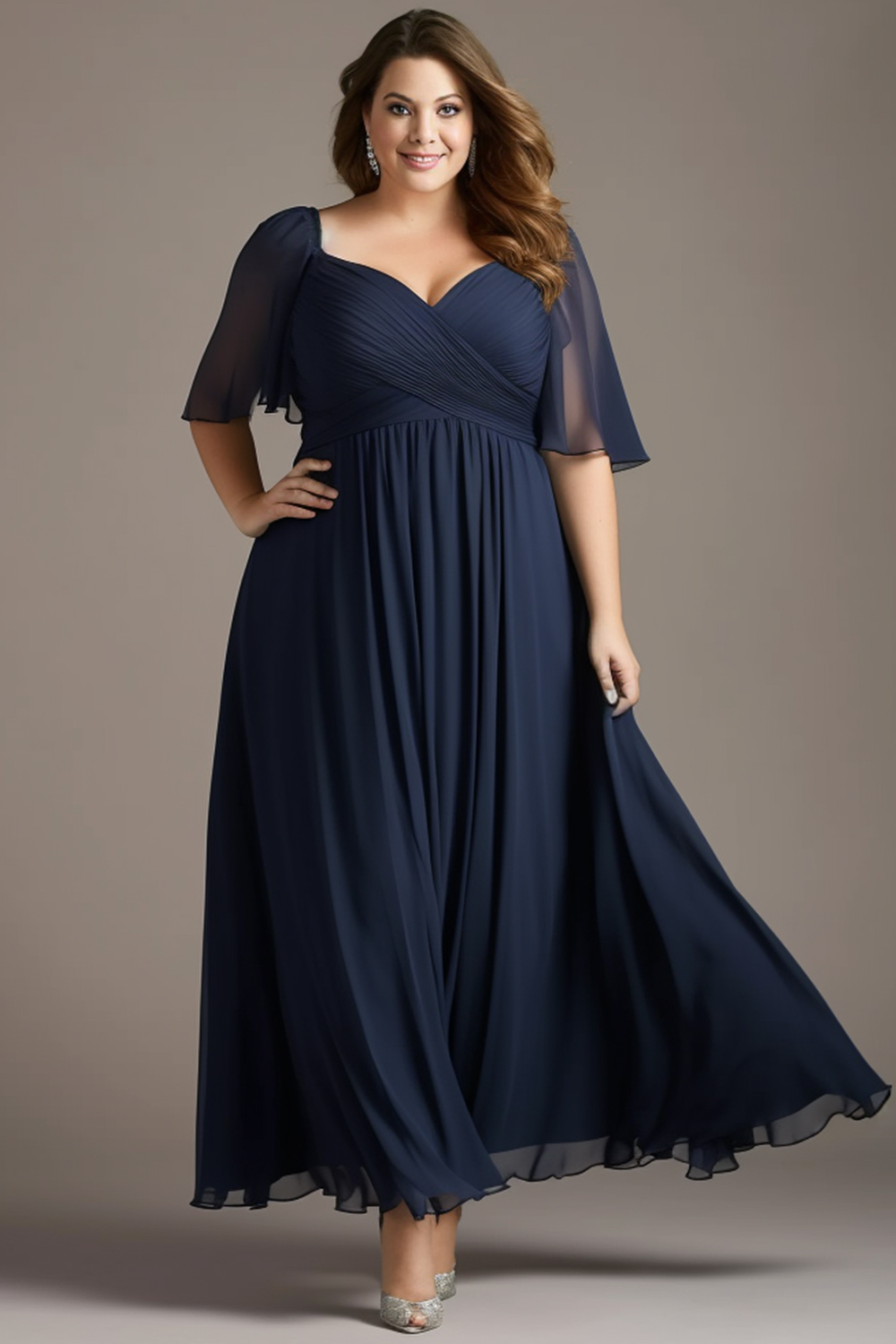 Flycurvy Plus Size Wedding Guest Navy Blue Chiffon Flutter Sleeve Maxi Dress