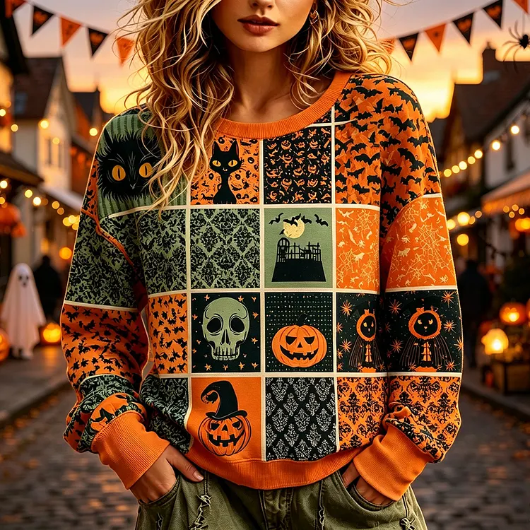 Women's Halloween Patchwork Graphic Crewneck Sweatshirt - Spooky Black Cats, Skulls And Pumpkins Print Pullover