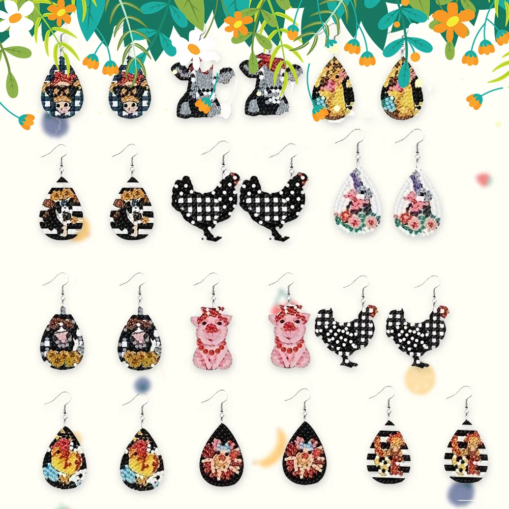 12Pairs DIY Double Sided Retro Pattern Holiday Diamond Art Earrings for Women Girls