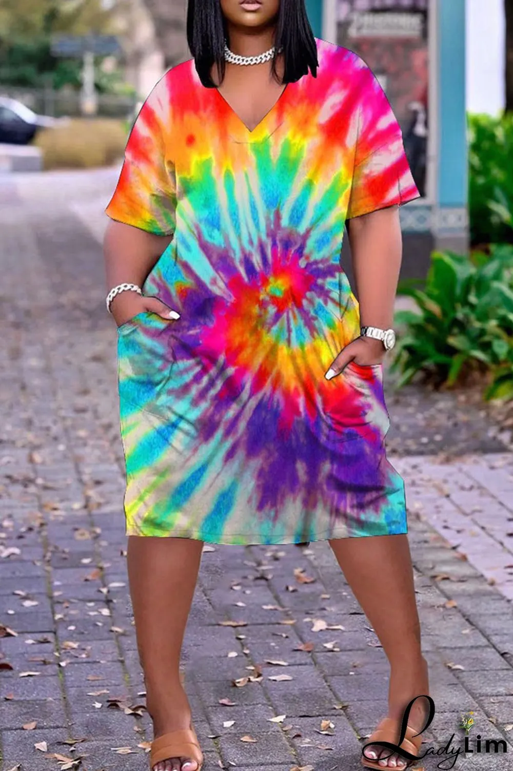Blue Red Fashion Casual Print Tie-dye V Neck Short Sleeve Dress