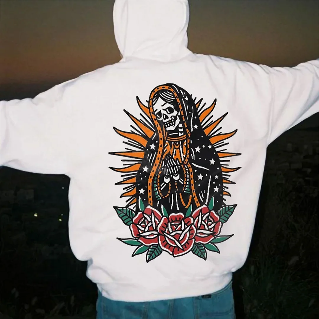 Skeleton Prayer Casual Modern Graphic White Print Hoodie