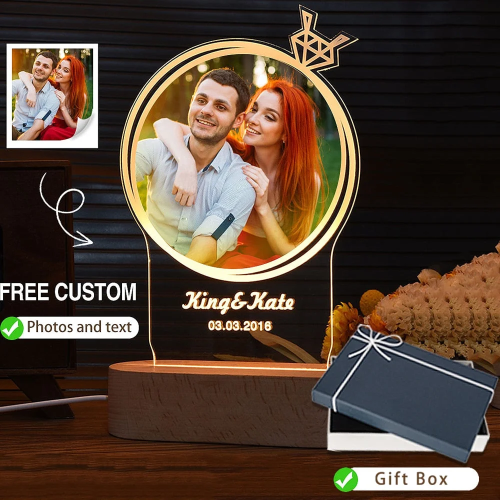 Custom Photo Frame Light Desktop Decoration USB Acrylic Carving Wooden Color Printing Photo Frame Bedroom USB Light Gift