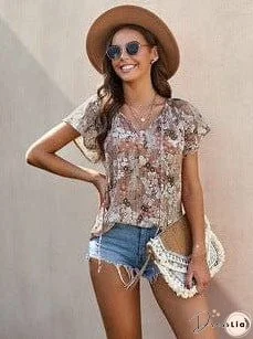 Feifei Floral Chiffon Printed Round Neck Shirt For Women