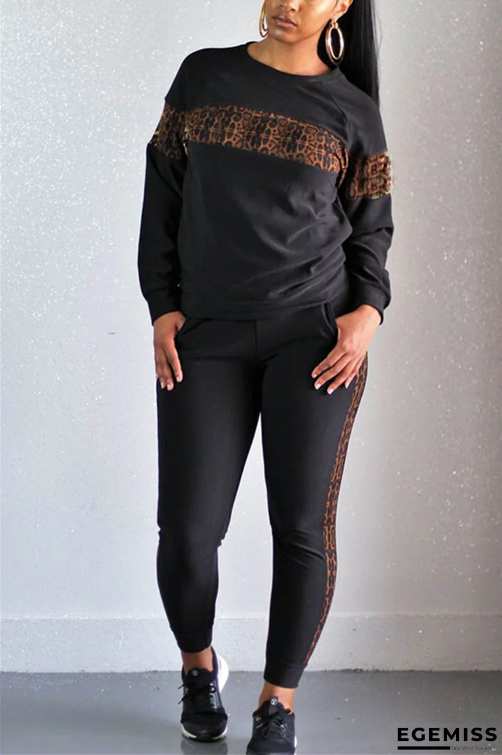 Black adult Casual Fashion Two Piece Suits Patchwork Leopard Print pencil Long Sleeve | EGEMISS