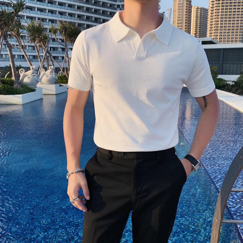 Yelocycle Men Fashion Polo Shirts V Neck Polo T Shirt Slim Casual Soild Top Short Sleeve Ice Silk T-Shirts Korean Social Shirts Streetwear