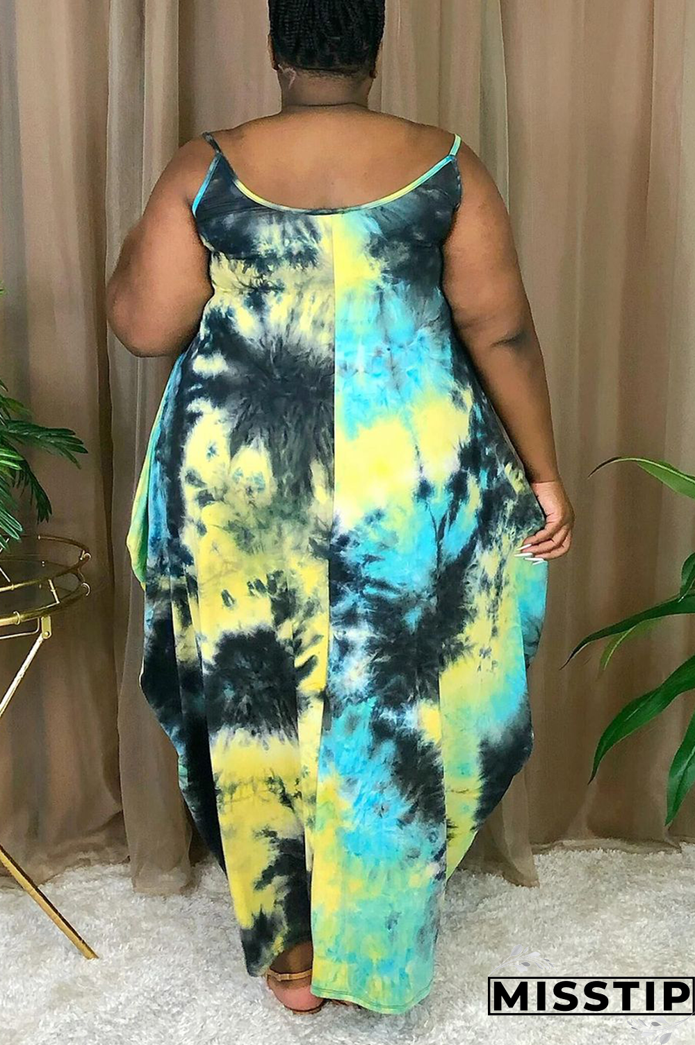 Deep Blue Sexy Print Patchwork Spaghetti Strap Irregular Dress Plus Size Dresses