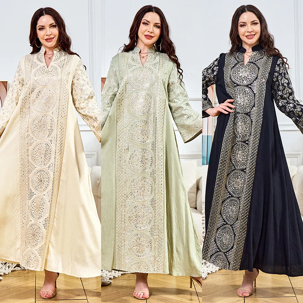 Women Stand Collar Geometric Sequin Embroidered Flare Sleeve Modest Maxi Dress