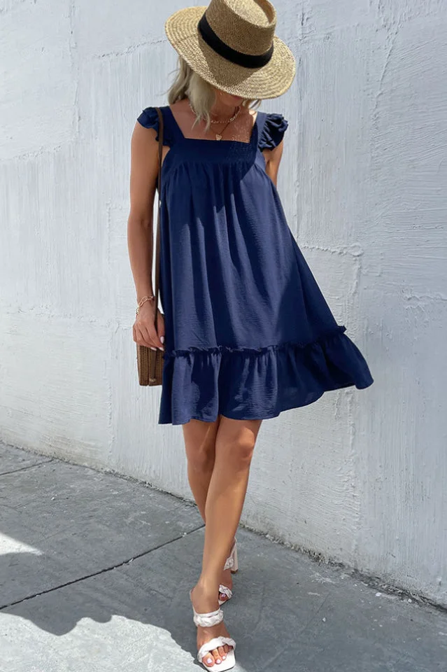 Frill Trim Solid Smock Dress