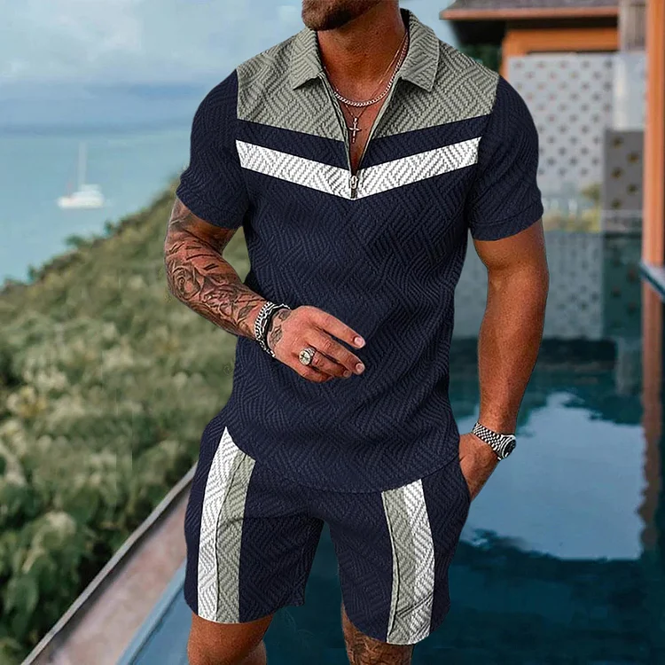 Men's navy blue geometric print Polo suit