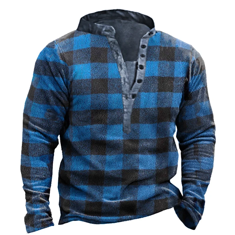 Men‘s Retro Plaid Printed V Neck Long Sleeve Henny Shirt