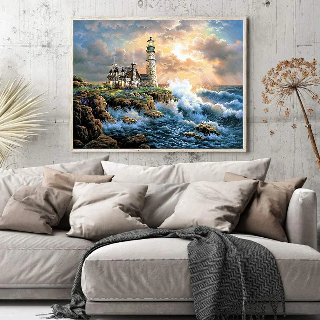 Full Cross Stitch 11CT Cotton Thread DIY Seaside Lighthouse Printed Crafts