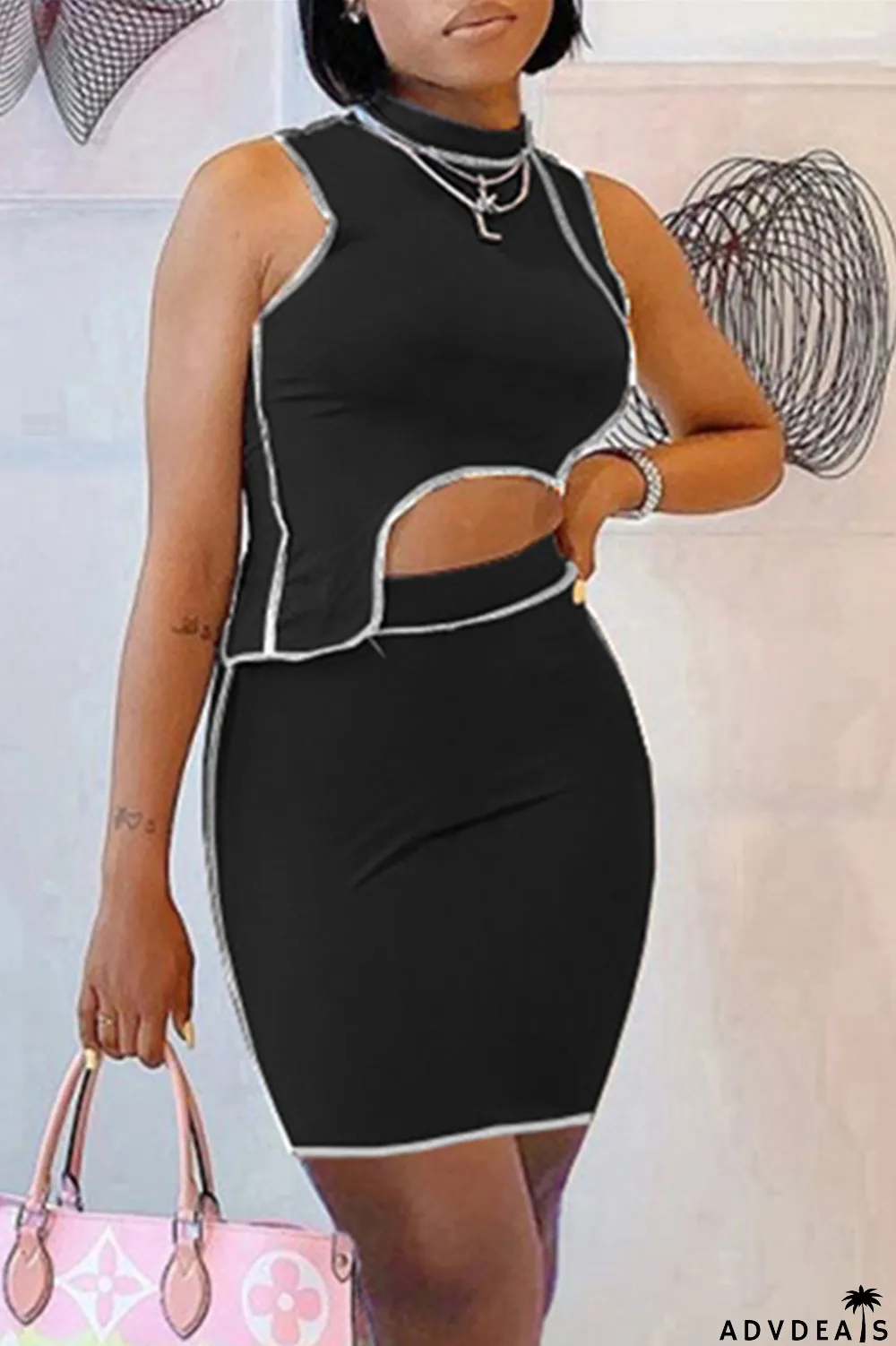 Orange Sexy Casual Solid Split Joint Asymmetrical Half A Turtleneck Sleeveless Two Pieces