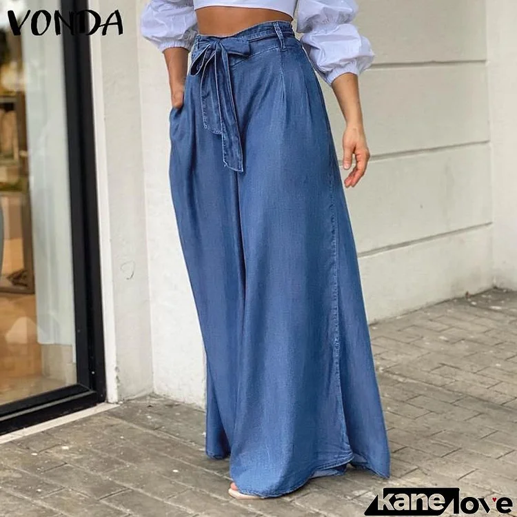 Women Elegant Lace-Up High Waist Wide Leg Pants Casual Plus Size Denim Pants Jeans