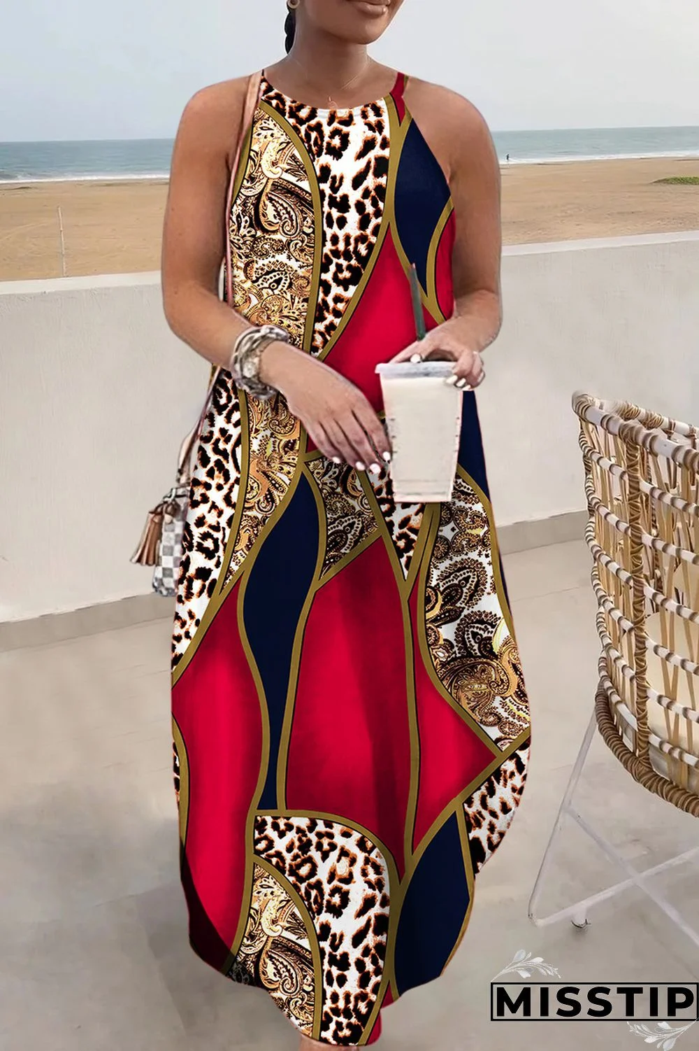 Multi-color Casual Print Basic O Neck Long Dress Dresses