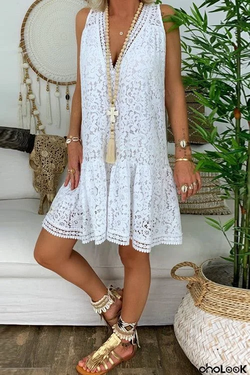 Chic Loose Lace V Neck Sleeveless Dress