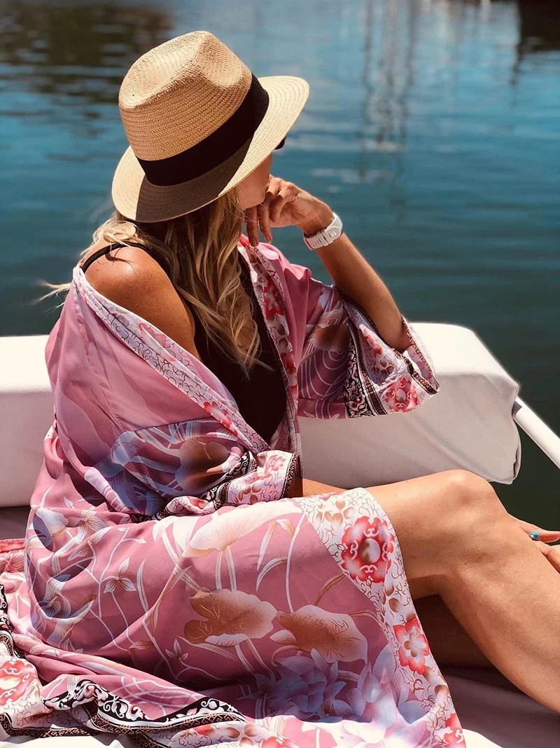 Fitshinling Oversize Beach Cover Up Kimono Vintage Print Floral Holiday Bikini Outing Boho Loose Long Cardigan Orange Covers New