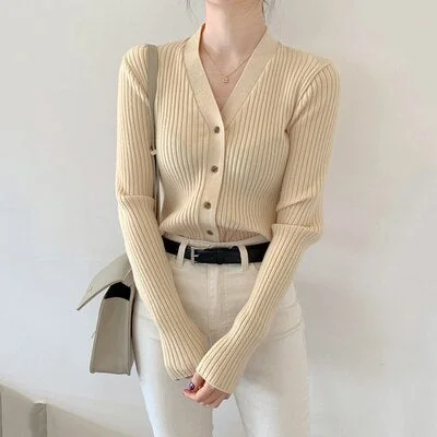 Spring Summer Korean Style Knitted Sweaters Women Buttons Cardigan Slim Ladies Fashion Long Sleeve Top