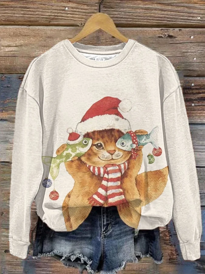 Women's Winter Cat Printed Crew Neck Sweatshirt