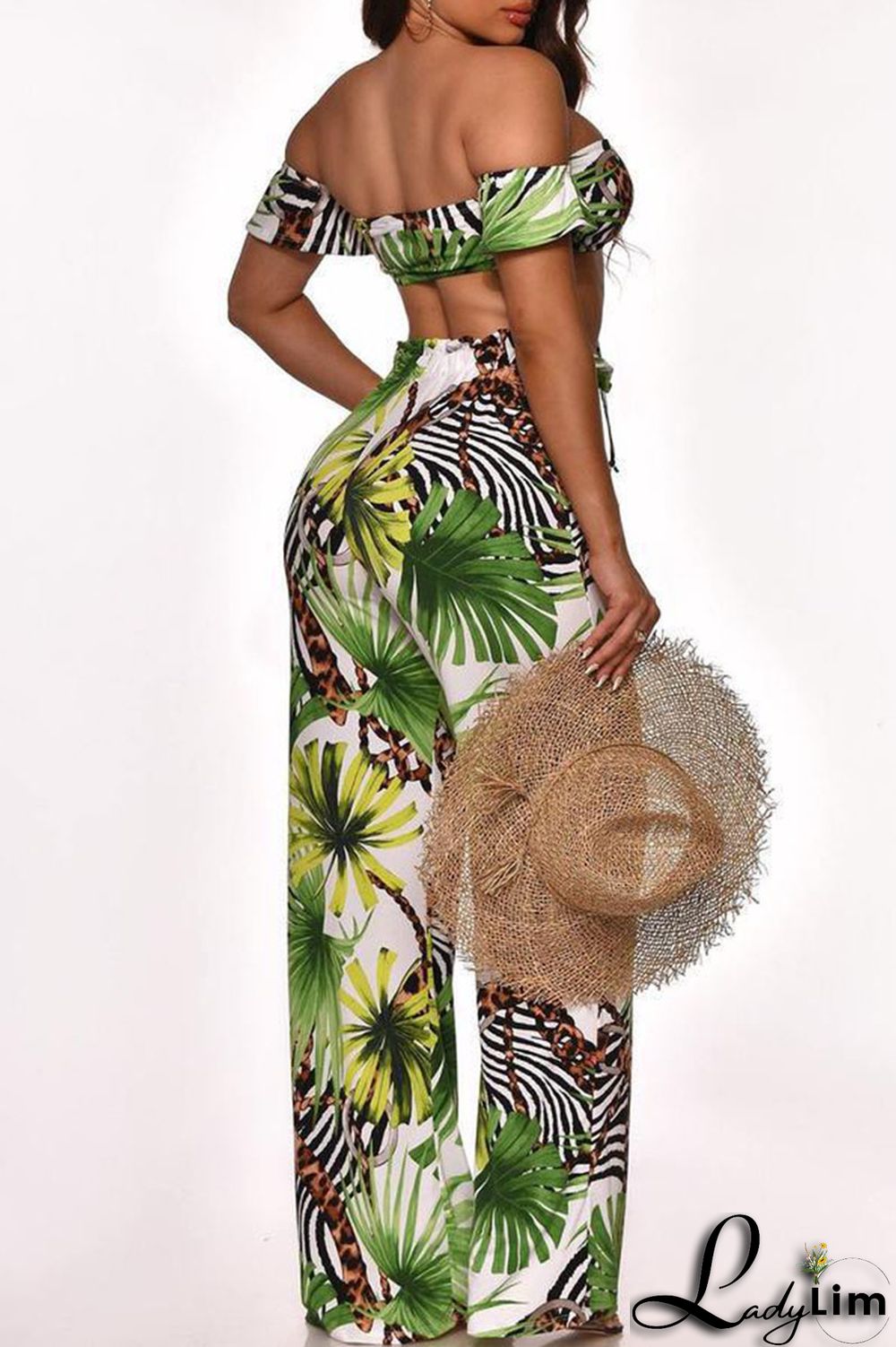 Cyan Fashion Sexy Print Bandage Backless Strapless Two Pieces