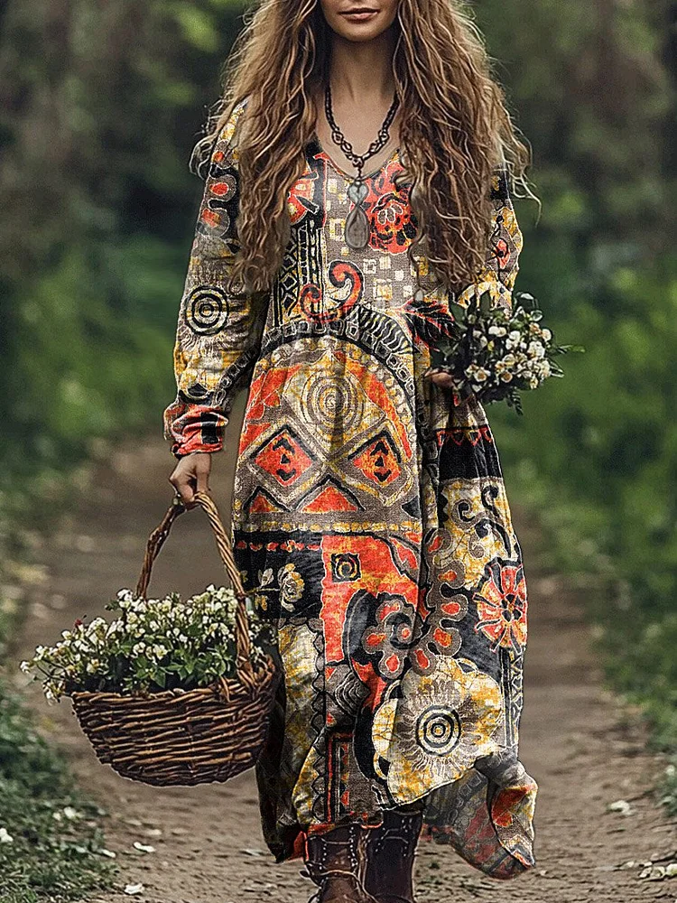 Women's Vintage Bohemian Totem Print Pocket Cotton Dress