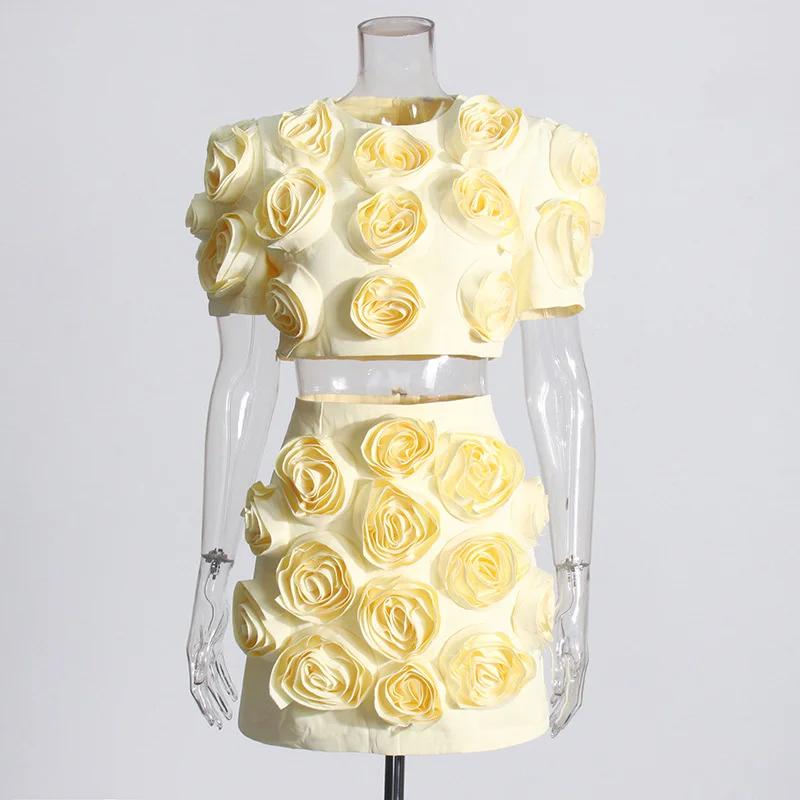 Zingj French Famous Style Suit 2025 New Three-Dimensional Flower Bubble Sleeve Top Stylish High-Waist Short Skirt Woman