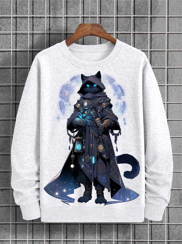 Men's Black Cat Enchanter Viking Art Graphic Print Casual Sweatshirt
