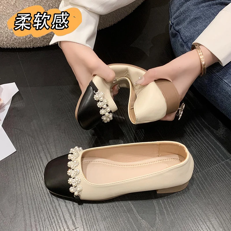 Breakj Breakj Fragrant Style Single Shoes Women 2025 New Fashion Comfortable Square Shoes Shallow Pearl Coarse French Single Shoes