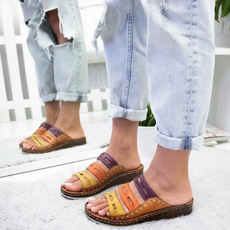 2021New Women Sandals Summer Orthopedic Sandals Women Car Line Slides  Leather Female Flip Flops Ladies Platform Retro Shoes 530-1