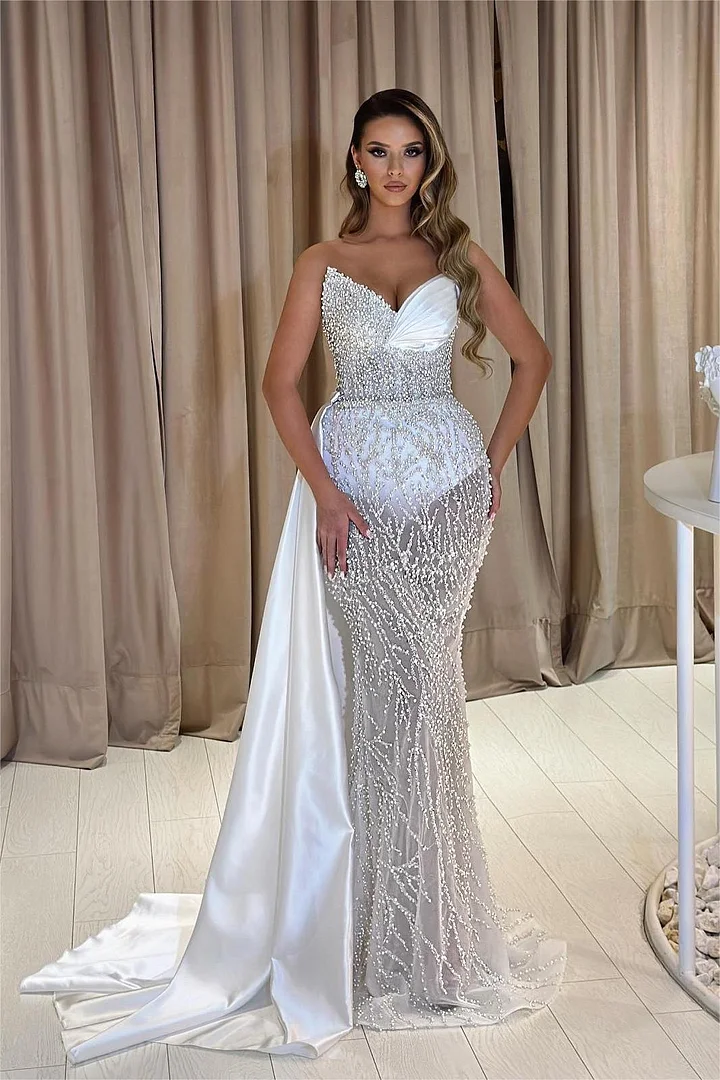 Daisda Chic White Strapless Sleeveless Prom Dress with Beadings