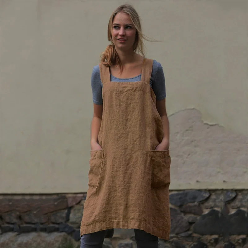 Women's cotton and linen apron long circumference home clothes loose long dress