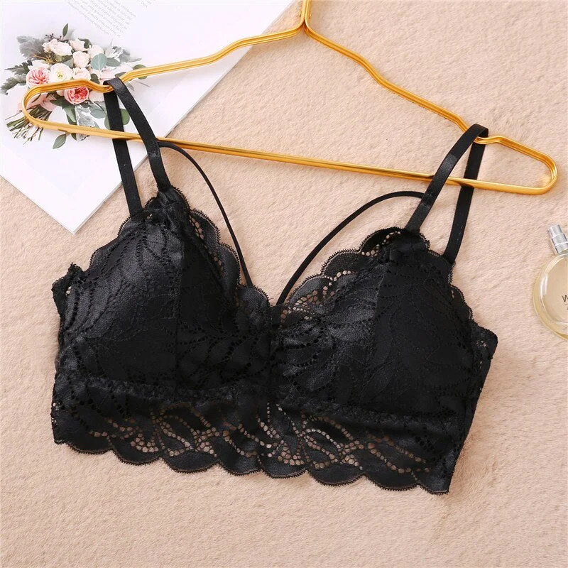 FINETOO Sexy Deep V Lace Bralette Women Floral Tank Tops Female Wire Free Lingerie Soft Padded Bra Sexy Bras Intimates S-XL New
