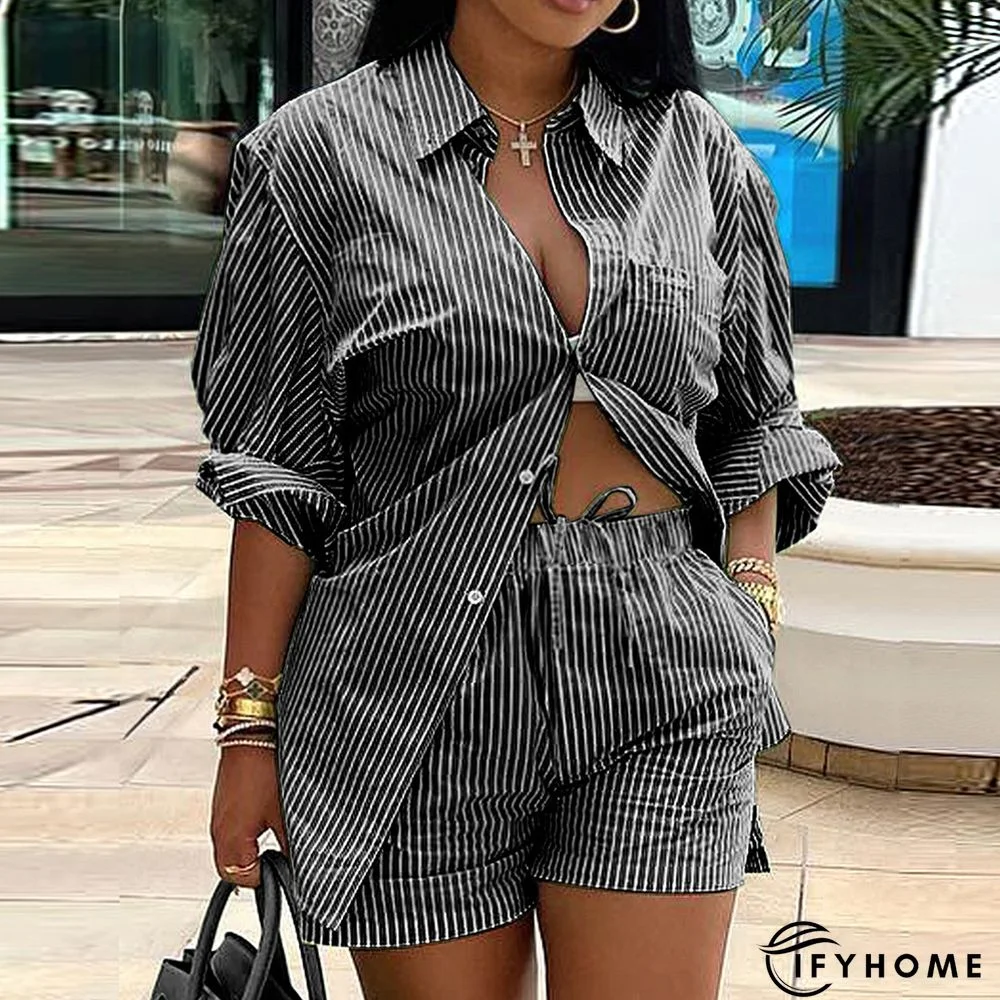 Fashion Stripe Long Sleeve Shirt Shorts Two-Piece Set | IFYHOME