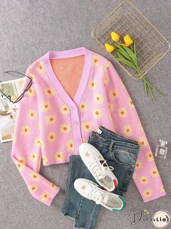 Button Front Floral Pattern Cardigan for Women