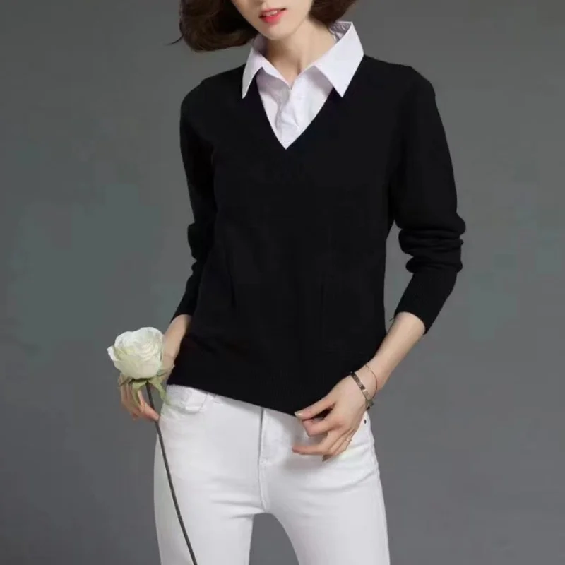 Ueong Ueong Version Of Long Sleeve Versatile Short Head Loose Bottom Shirt Spring Shirt Collar Sweater Women Fake Two Tops