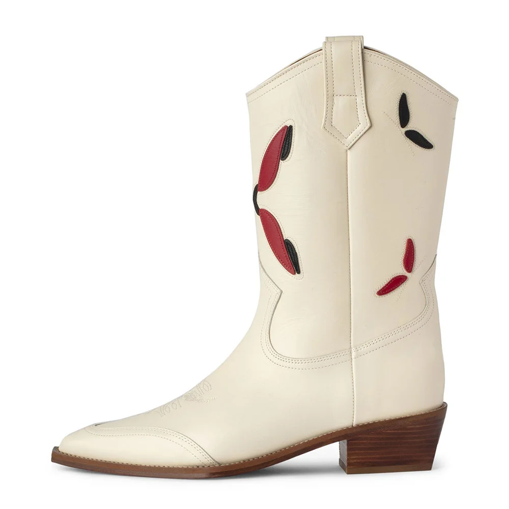 Ivory Vegan Leather Snip Toe Chunky Heel Mid Calf Cowgirl Boots