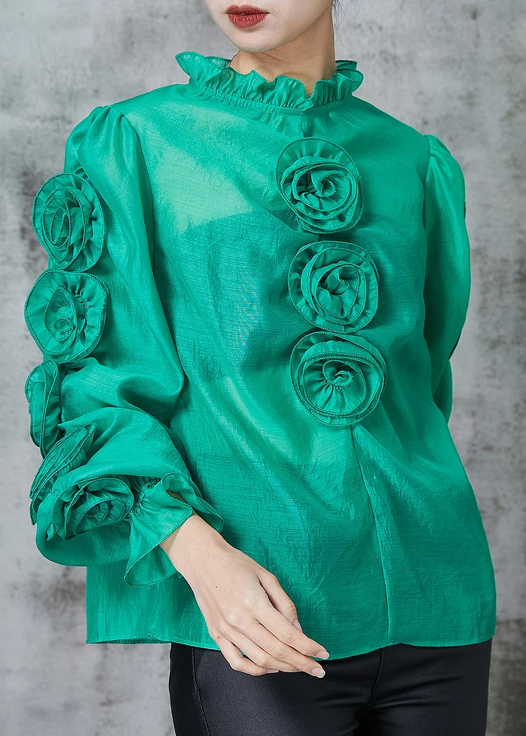 Green Stereoscopic Floral Chiffon Shirt Top Ruffled Spring